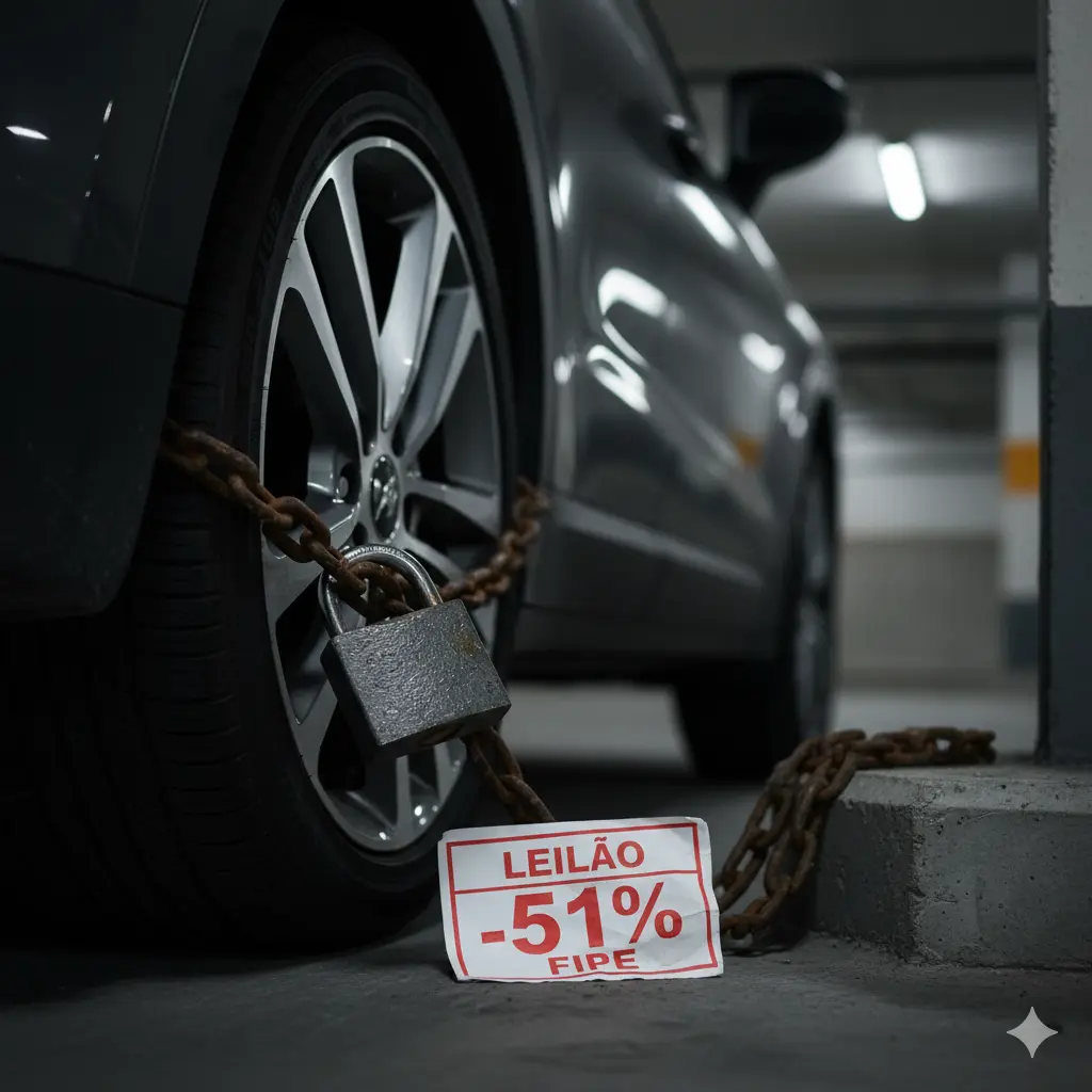 Carro com corrente e cadeado e etiqueta de leilão 51% FIPE